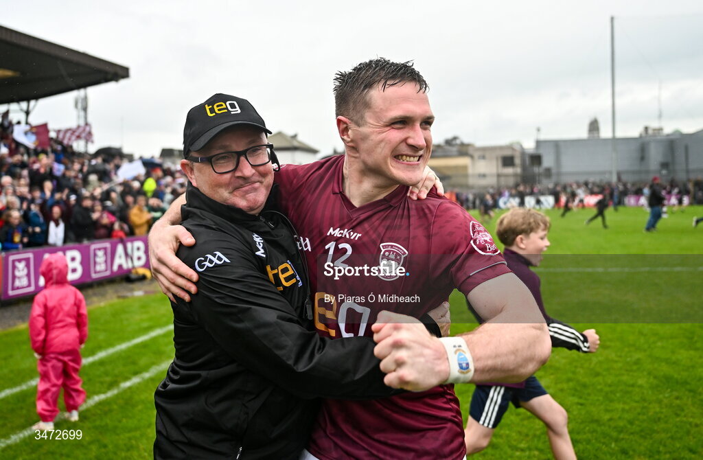 30 May 2026; Westmeath assistant manager Emmet McDonnell celebrates with Shane Allen celebrates after victory in the GAA Football All-Ireland Senior Championship Round 1 match between Westmeath and Cavan at TEG Cusack Park in Mullingar, Westmeath. Photo by Piaras Ó Mídheach/Sportsfile