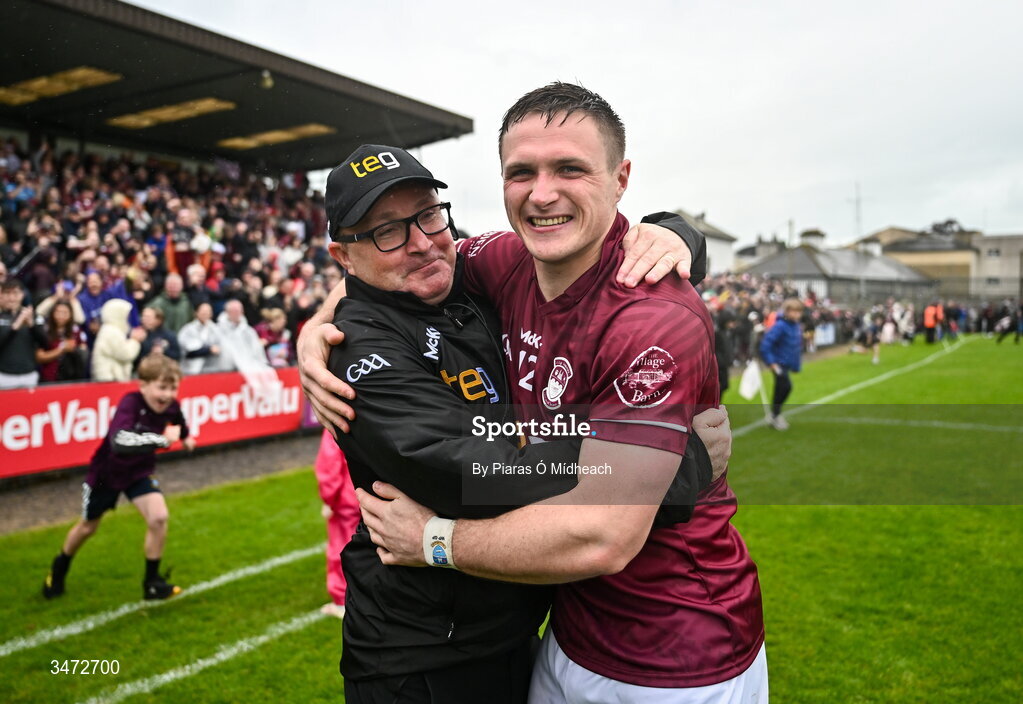30 May 2026; Westmeath assistant manager Emmet McDonnell celebrates with Shane Allen celebrates after victory in the GAA Football All-Ireland Senior Championship Round 1 match between Westmeath and Cavan at TEG Cusack Park in Mullingar, Westmeath. Photo by Piaras Ó Mídheach/Sportsfile