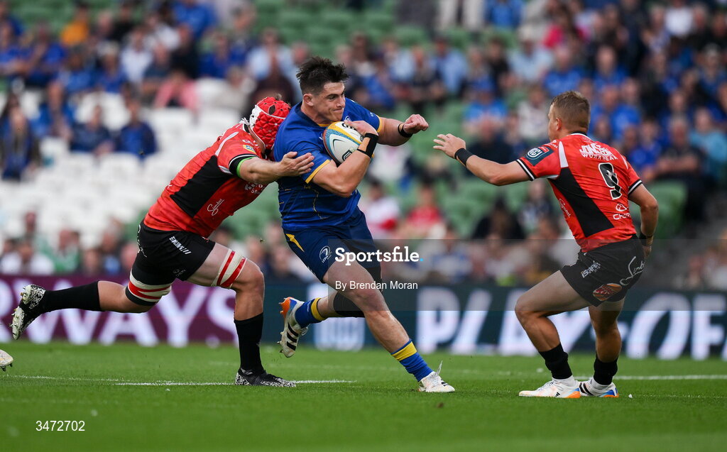 30 May 2026; Dan Sheehan of Leinster in action against Francke Horn, left, and Nico Steyn of Lions during the United Rugby Championship quarter-final match between Leinster and Lions at the Aviva Stadium in Dublin. Photo by Brendan Moran/Sportsfile