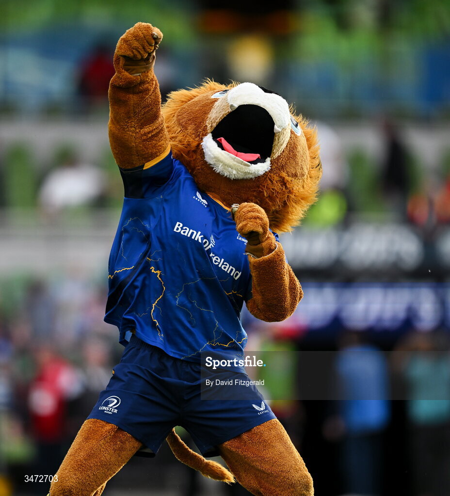 30 May 2026; Leinster mascot Leo the Lion before the United Rugby Championship quarter-final match between Leinster and Lions at the Aviva Stadium in Dublin. Photo by David Fitzgerald/Sportsfile