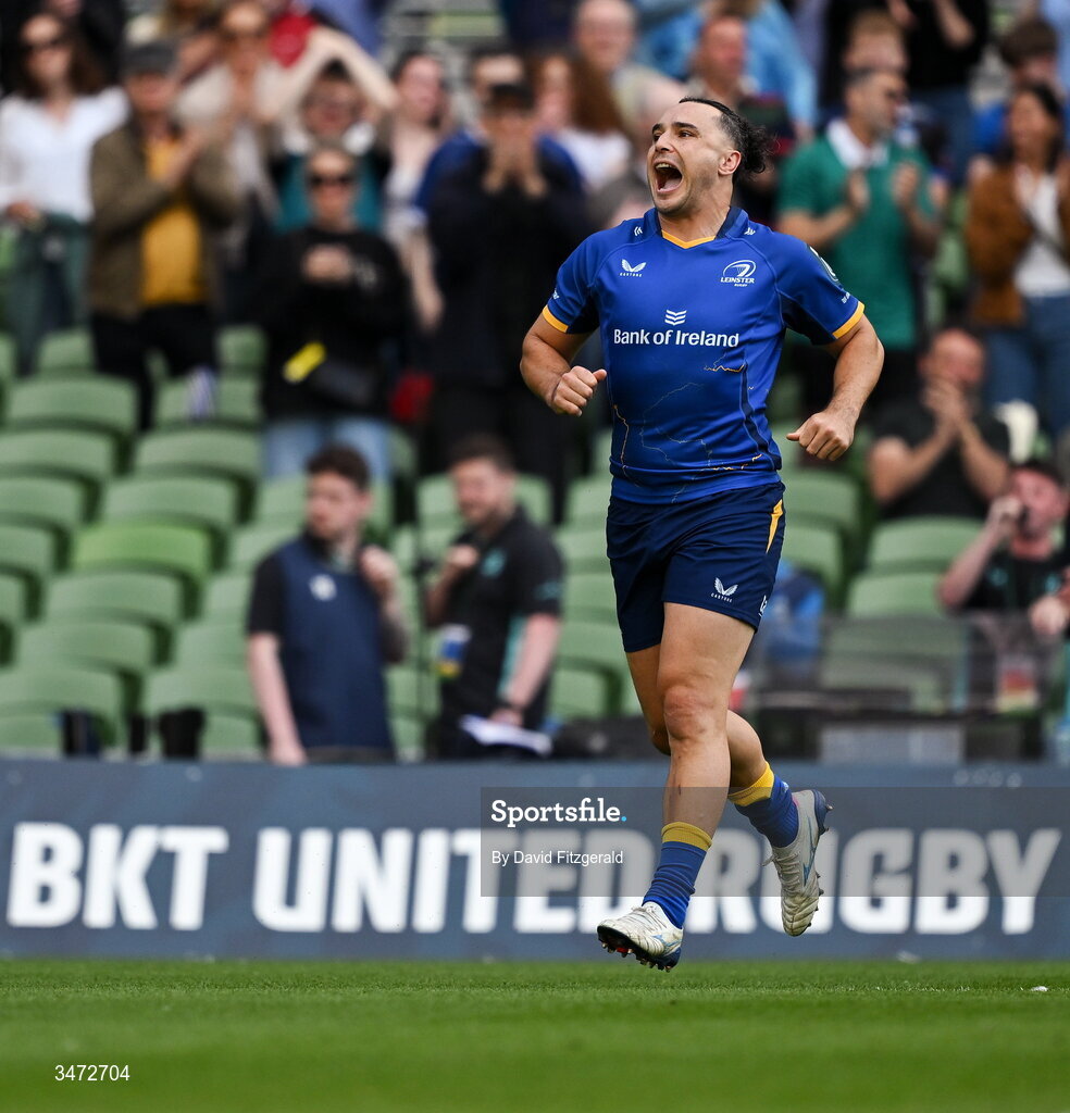 30 May 2026; James Lowe of Leinster before the United Rugby Championship quarter-final match between Leinster and Lions at the Aviva Stadium in Dublin. Photo by David Fitzgerald/Sportsfile