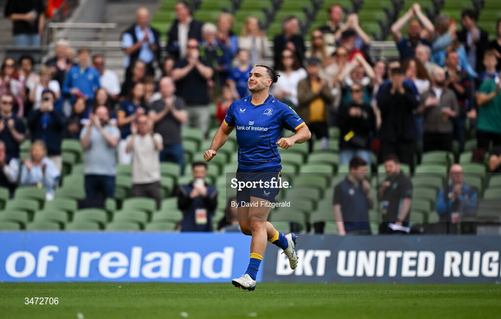 30 May 2026; James Lowe of Leinster before the United Rugby Championship quarter-final match between Leinster and Lions at the Aviva Stadium in Dublin. Photo by David Fitzgerald/Sportsfile