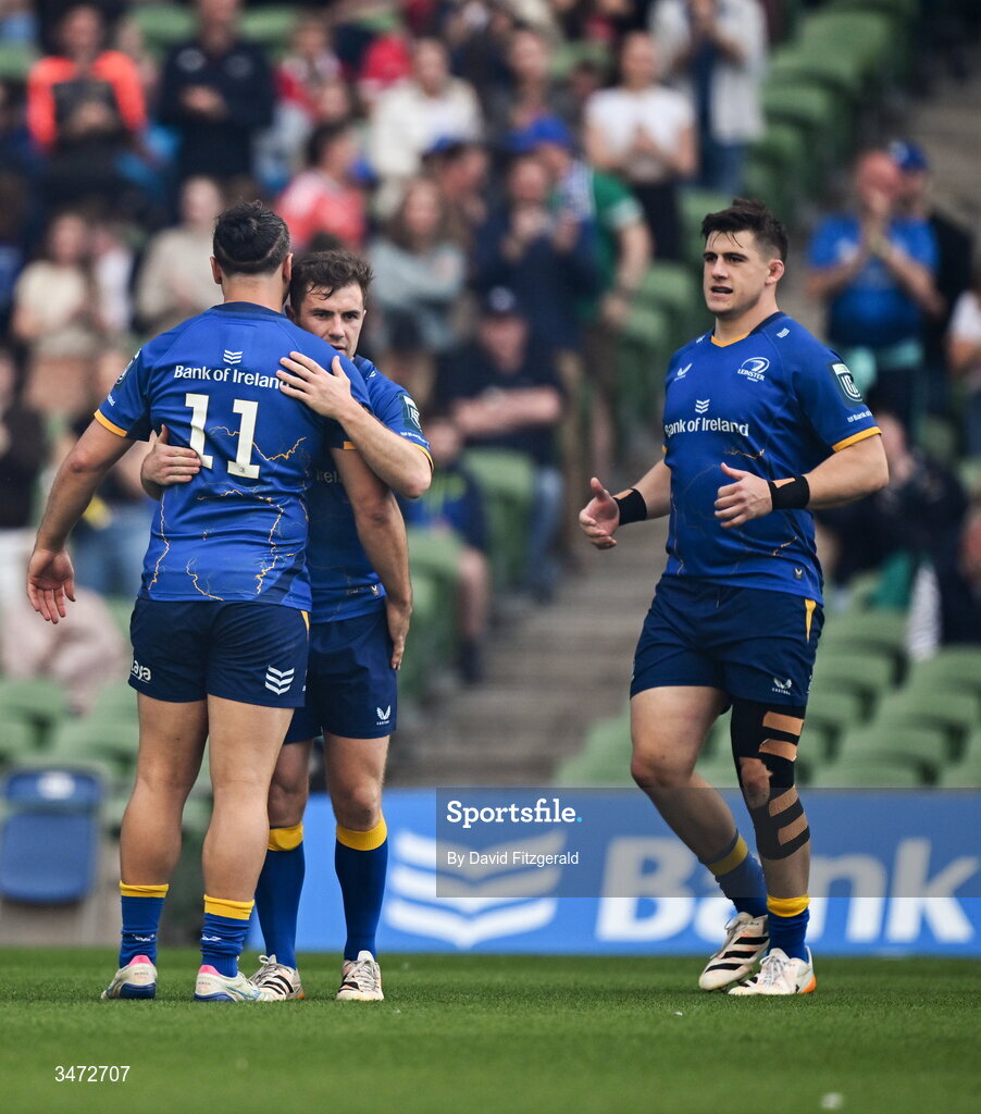 30 May 2026; James Lowe of Leinster, 11, with teammate Luke McGrath before the United Rugby Championship quarter-final match between Leinster and Lions at the Aviva Stadium in Dublin. Photo by David Fitzgerald/Sportsfile