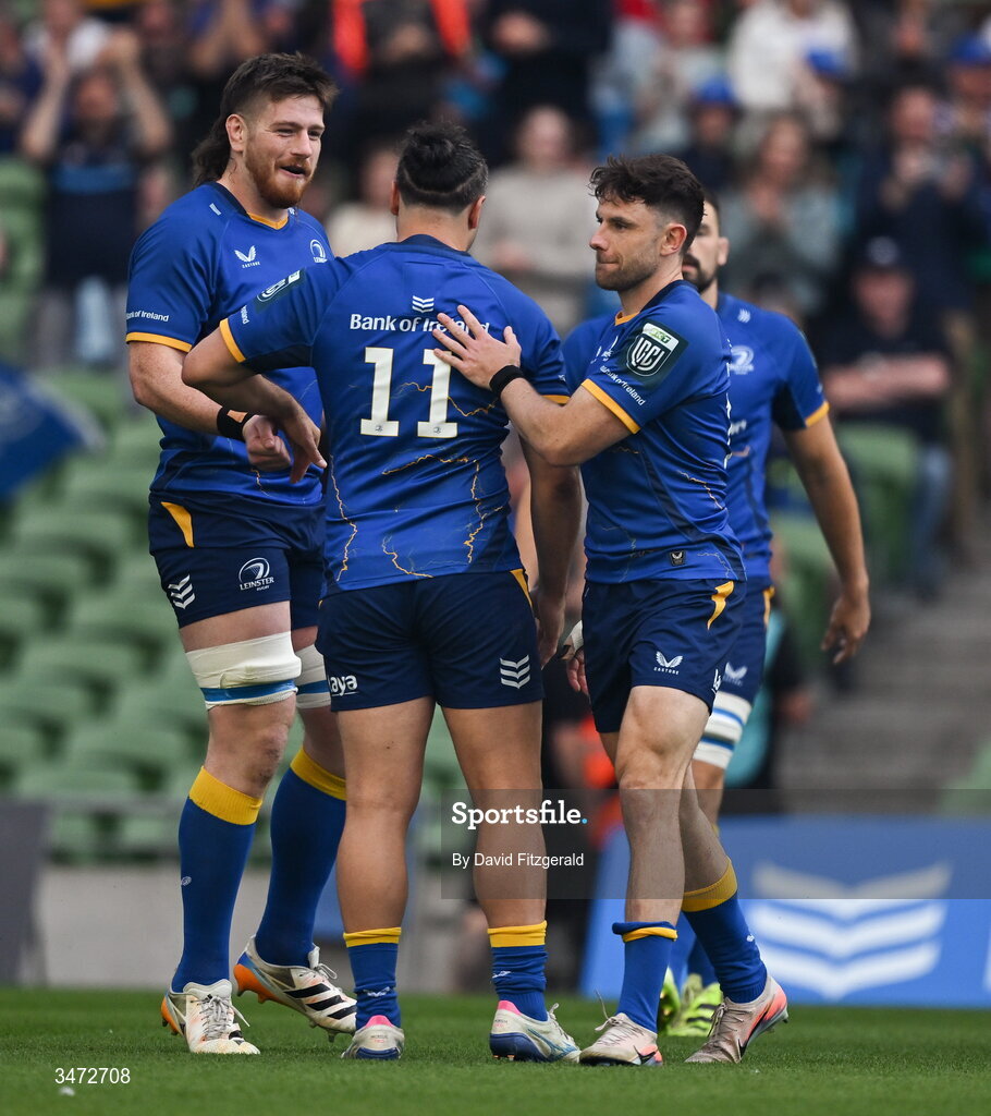 30 May 2026; James Lowe of Leinster, 11, with teammates Joe McCarthy, left, and Hugo Keenan before the United Rugby Championship quarter-final match between Leinster and Lions at the Aviva Stadium in Dublin. Photo by David Fitzgerald/Sportsfile