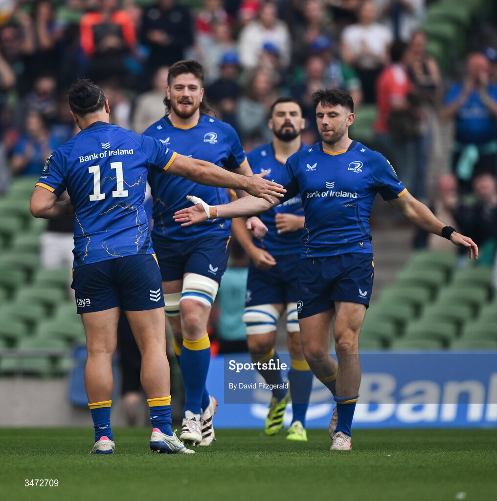 30 May 2026; James Lowe of Leinster, 11, with teammate Hugo Keenan, right, before the United Rugby Championship quarter-final match between Leinster and Lions at the Aviva Stadium in Dublin. Photo by David Fitzgerald/Sportsfile