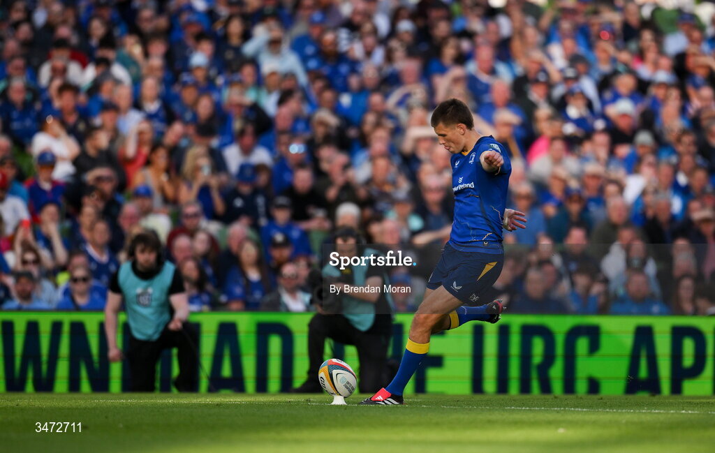 30 May 2026; Sam Prendergast of Leinster kicks a conversion during the United Rugby Championship quarter-final match between Leinster and Lions at the Aviva Stadium in Dublin. Photo by Brendan Moran/Sportsfile