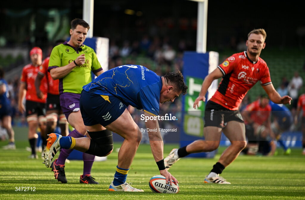 30 May 2026; Dan Sheehan of Leinster scores his sides first try during the United Rugby Championship quarter-final match between Leinster and Lions at the Aviva Stadium in Dublin. Photo by David Fitzgerald/Sportsfile