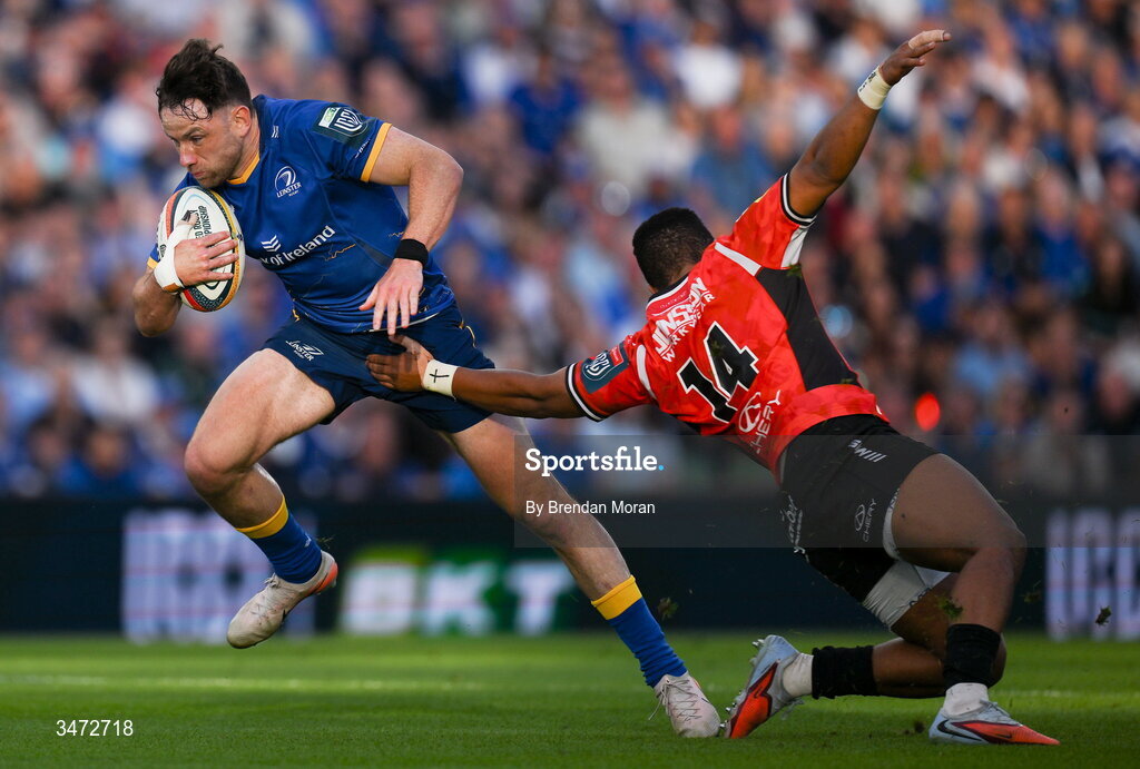 30 May 2026; Hugo Keenan of Leinster in action against Angelo Davids of Lions during the United Rugby Championship quarter-final match between Leinster and Lions at the Aviva Stadium in Dublin. Photo by Brendan Moran/Sportsfile