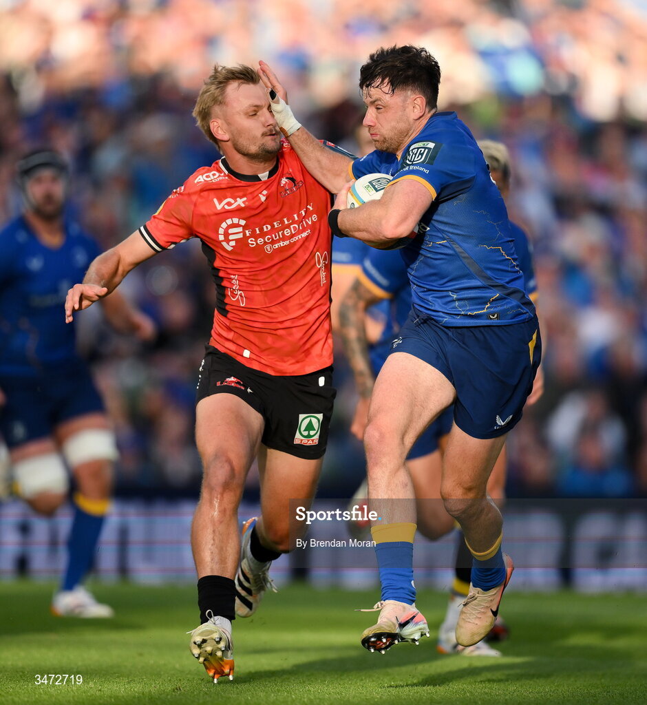 30 May 2026; Hugo Keenan of Leinster in action against Richard Kriel of Lions during the United Rugby Championship quarter-final match between Leinster and Lions at the Aviva Stadium in Dublin. Photo by Brendan Moran/Sportsfile