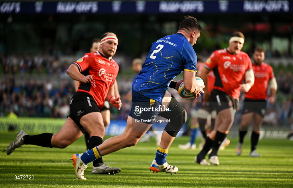 30 May 2026; Dan Sheehan of Leinster on his way to scoring his side's first try during the United Rugby Championship quarter-final match between Leinster and Lions at the Aviva Stadium in Dublin. Photo by David Fitzgerald/Sportsfile