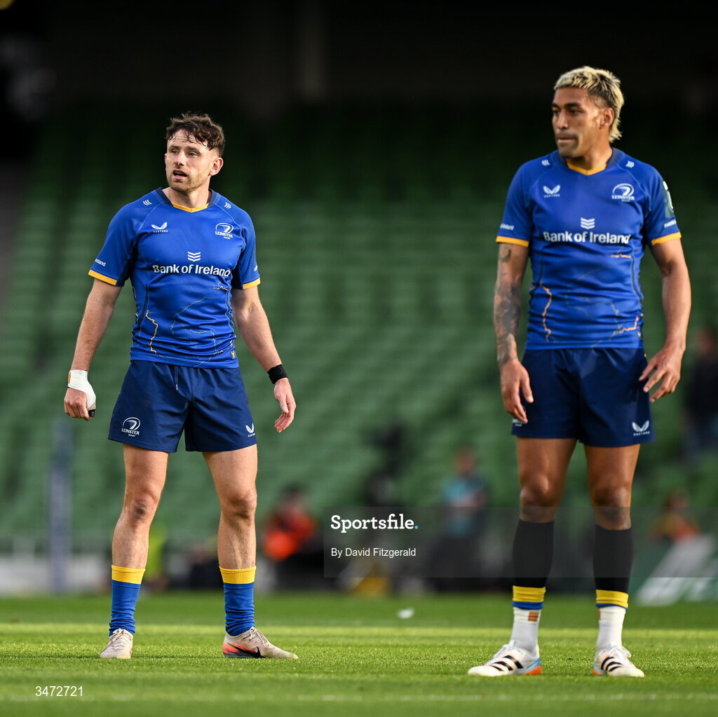 30 May 2026; Hugo Keenan, left, and Rieko Ioane of Leinster during the United Rugby Championship quarter-final match between Leinster and Lions at the Aviva Stadium in Dublin. Photo by David Fitzgerald/Sportsfile