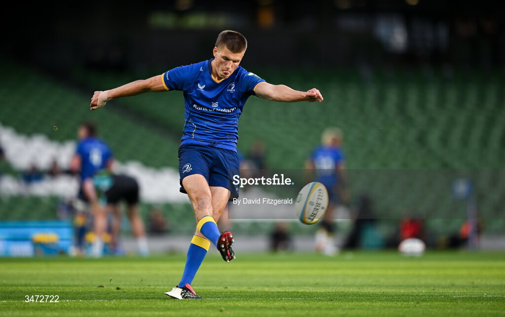 30 May 2026; Sam Prendergast of Leinster kicks a conversion during the United Rugby Championship quarter-final match between Leinster and Lions at the Aviva Stadium in Dublin. Photo by David Fitzgerald/Sportsfile