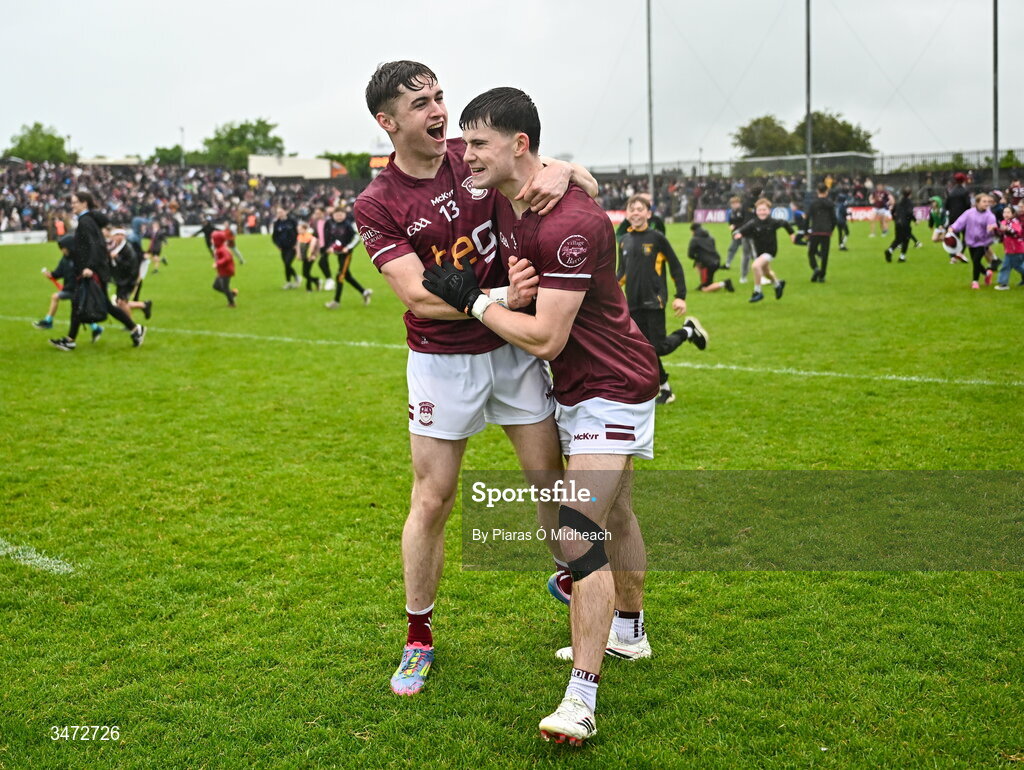 30 May 2026; Westmeath players Shane Corcoran, left, and Daniel Scahill celebrate after victory in the GAA Football All-Ireland Senior Championship Round 1 match between Westmeath and Cavan at TEG Cusack Park in Mullingar, Westmeath. Photo by Piaras Ó Mídheach/Sportsfile