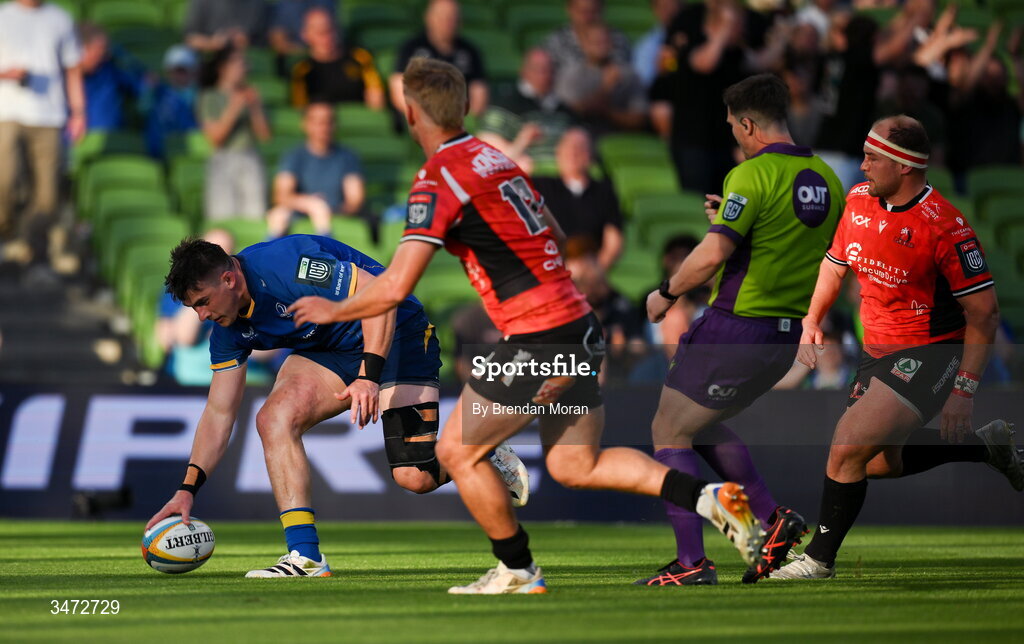 30 May 2026; Dan Sheehan of Leinster scores his sides first try during the United Rugby Championship quarter-final match between Leinster and Lions at the Aviva Stadium in Dublin. Photo by Brendan Moran/Sportsfile