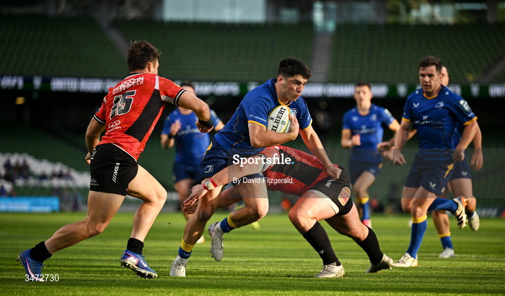 30 May 2026; Jimmy O'Brien of Leinster is tackled by PJ Botha, right, and Quan Horn of Lions during the United Rugby Championship quarter-final match between Leinster and Lions at the Aviva Stadium in Dublin. Photo by David Fitzgerald/Sportsfile