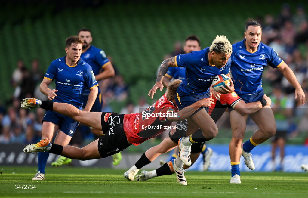 30 May 2026; Rieko Ioane of Leinster is tackled by Richard Kriel of Lions during the United Rugby Championship quarter-final match between Leinster and Lions at the Aviva Stadium in Dublin. Photo by David Fitzgerald/Sportsfile