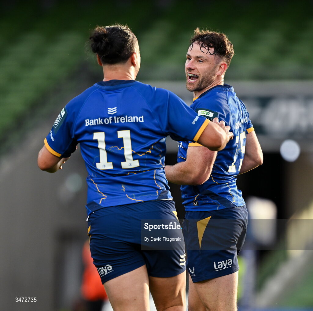 30 May 2026; Hugo Keenan, right, celebrates with teammate James Lowe after scoring their side's second try during the United Rugby Championship quarter-final match between Leinster and Lions at the Aviva Stadium in Dublin. Photo by David Fitzgerald/Sportsfile