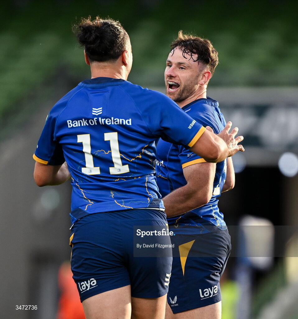 30 May 2026; Hugo Keenan, right, celebrates with teammate James Lowe after scoring their side's second try during the United Rugby Championship quarter-final match between Leinster and Lions at the Aviva Stadium in Dublin. Photo by David Fitzgerald/Sportsfile