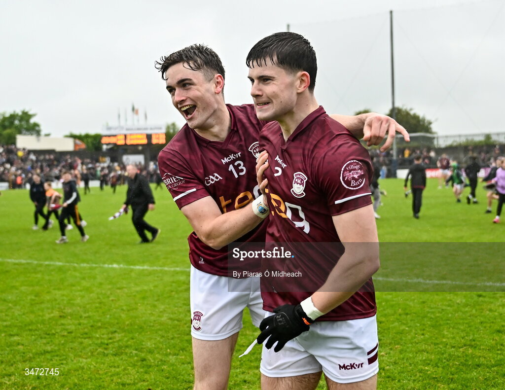 30 May 2026; Westmeath players Shane Corcoran, left, and Daniel Scahill celebrate after victory in the GAA Football All-Ireland Senior Championship Round 1 match between Westmeath and Cavan at TEG Cusack Park in Mullingar, Westmeath. Photo by Piaras Ó Mídheach/Sportsfile