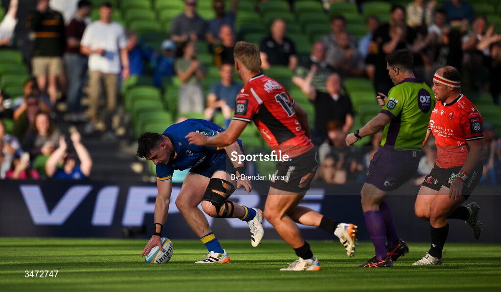 30 May 2026; Hugo Keenan of Leinster scores his side's first try during the United Rugby Championship quarter-final match between Leinster and Lions at the Aviva Stadium in Dublin. Photo by Brendan Moran/Sportsfile