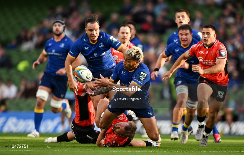 30 May 2026; Rieko Ioane of Leinster is tackled by Richard Kriel of Lions during the United Rugby Championship quarter-final match between Leinster and Lions at the Aviva Stadium in Dublin. Photo by David Fitzgerald/Sportsfile