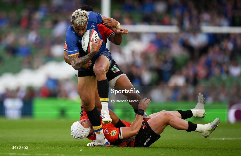 30 May 2026; Rieko Ioane of Leinster in action against Henco van Wyk of Lions during the United Rugby Championship quarter-final match between Leinster and Lions at the Aviva Stadium in Dublin. Photo by Brendan Moran/Sportsfile