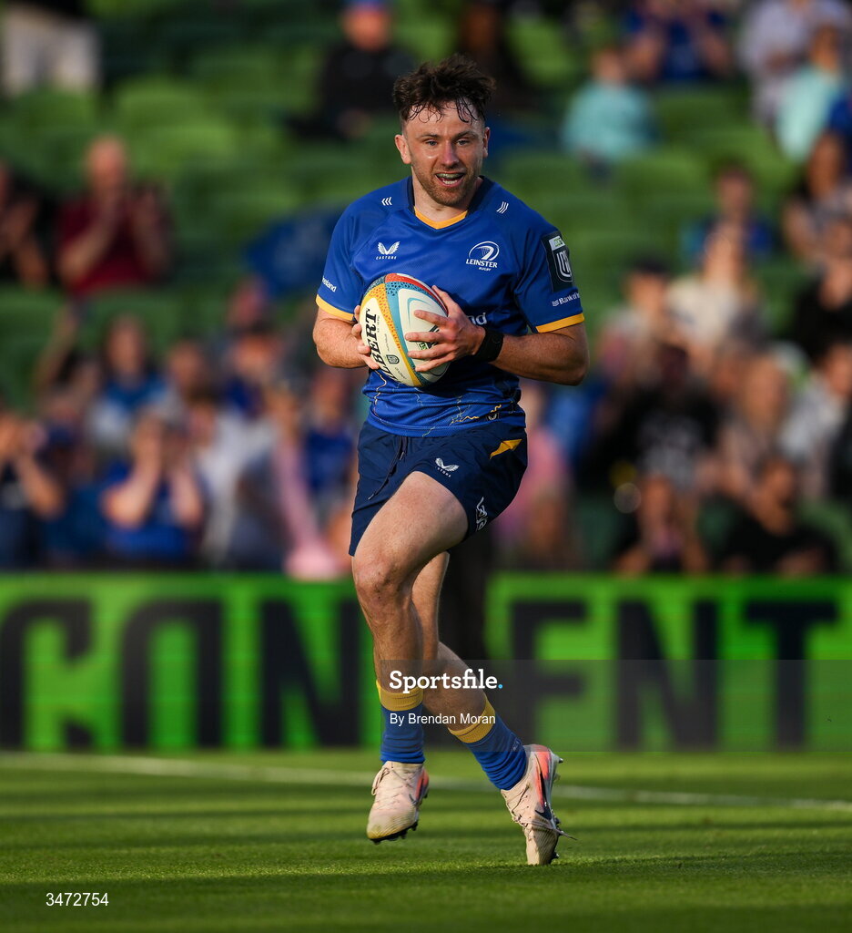 30 May 2026; Hugo Keenan of Leinster on his way to scoring his side's second try during the United Rugby Championship quarter-final match between Leinster and Lions at the Aviva Stadium in Dublin. Photo by Brendan Moran/Sportsfile