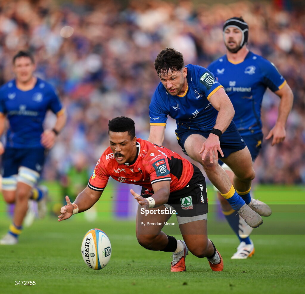 30 May 2026; Angelo Davids of Lions in action against Hugo Keenan of Leinster during the United Rugby Championship quarter-final match between Leinster and Lions at the Aviva Stadium in Dublin. Photo by Brendan Moran/Sportsfile