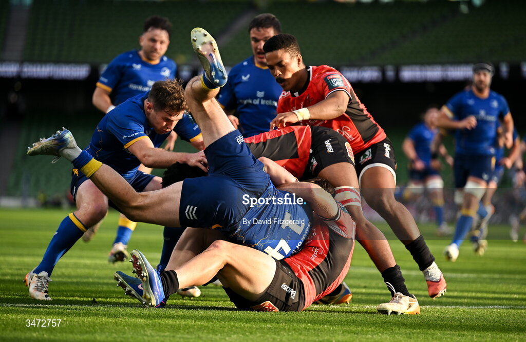 30 May 2026; Jimmy O'Brien of Leinster is tackled by Quan Horn of Lions during the United Rugby Championship quarter-final match between Leinster and Lions at the Aviva Stadium in Dublin. Photo by David Fitzgerald/Sportsfile