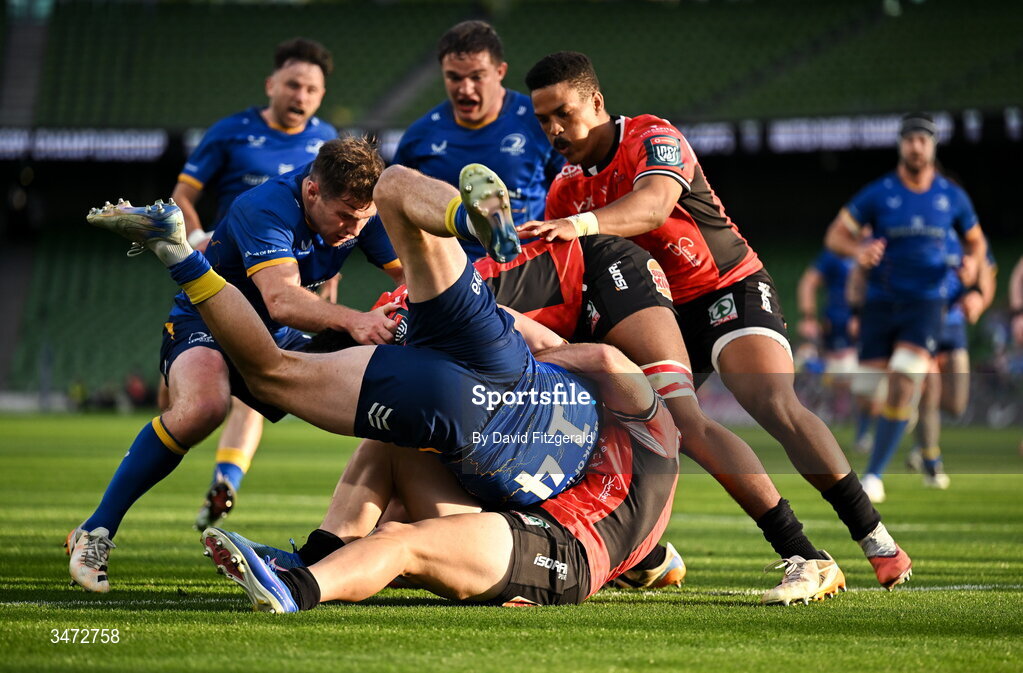 30 May 2026; Jimmy O'Brien of Leinster is tackled by Quan Horn of Lions during the United Rugby Championship quarter-final match between Leinster and Lions at the Aviva Stadium in Dublin. Photo by David Fitzgerald/Sportsfile