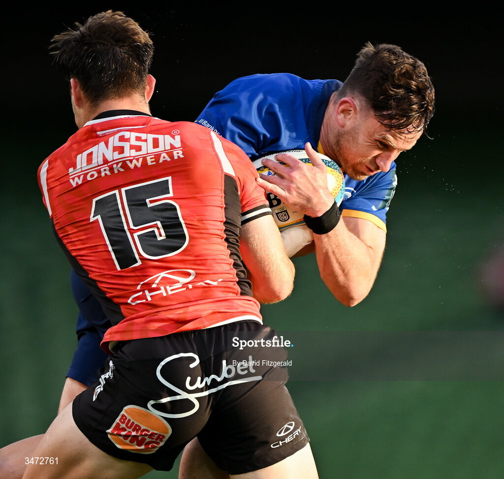 30 May 2026; Hugo Keenan of Leinster is tackled by Quan Horn of Lions during the United Rugby Championship quarter-final match between Leinster and Lions at the Aviva Stadium in Dublin. Photo by David Fitzgerald/Sportsfile
