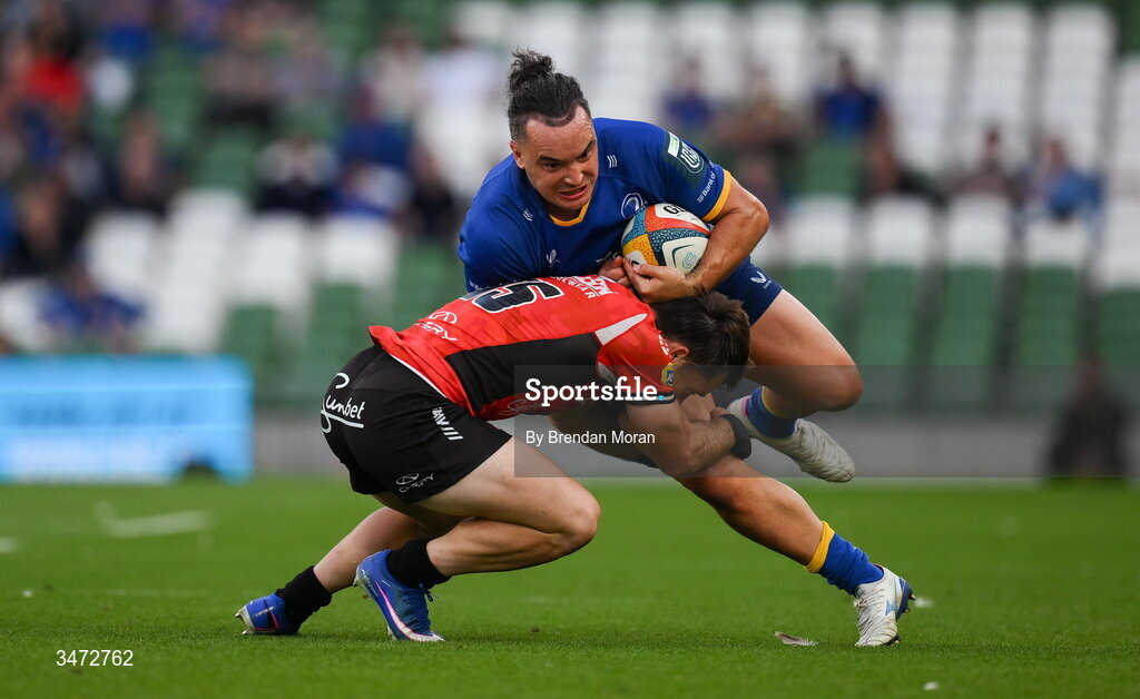 30 May 2026; James Lowe of Leinster is tackled by Quan Horn of Lions during the United Rugby Championship quarter-final match between Leinster and Lions at the Aviva Stadium in Dublin. Photo by Brendan Moran/Sportsfile