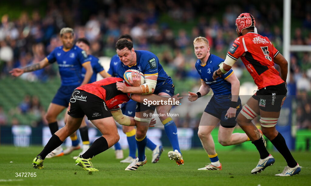 30 May 2026; James Ryan of Leinster is tackled by Sebastian Lombard of Lions during the United Rugby Championship quarter-final match between Leinster and Lions at the Aviva Stadium in Dublin. Photo by Brendan Moran/Sportsfile