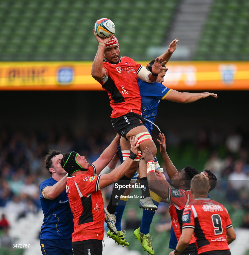 30 May 2026; Darrien Landsberg of Lions wins possession in a line-out ahead of Max Deegan of Leinster during the United Rugby Championship quarter-final match between Leinster and Lions at the Aviva Stadium in Dublin. Photo by Brendan Moran/Sportsfile