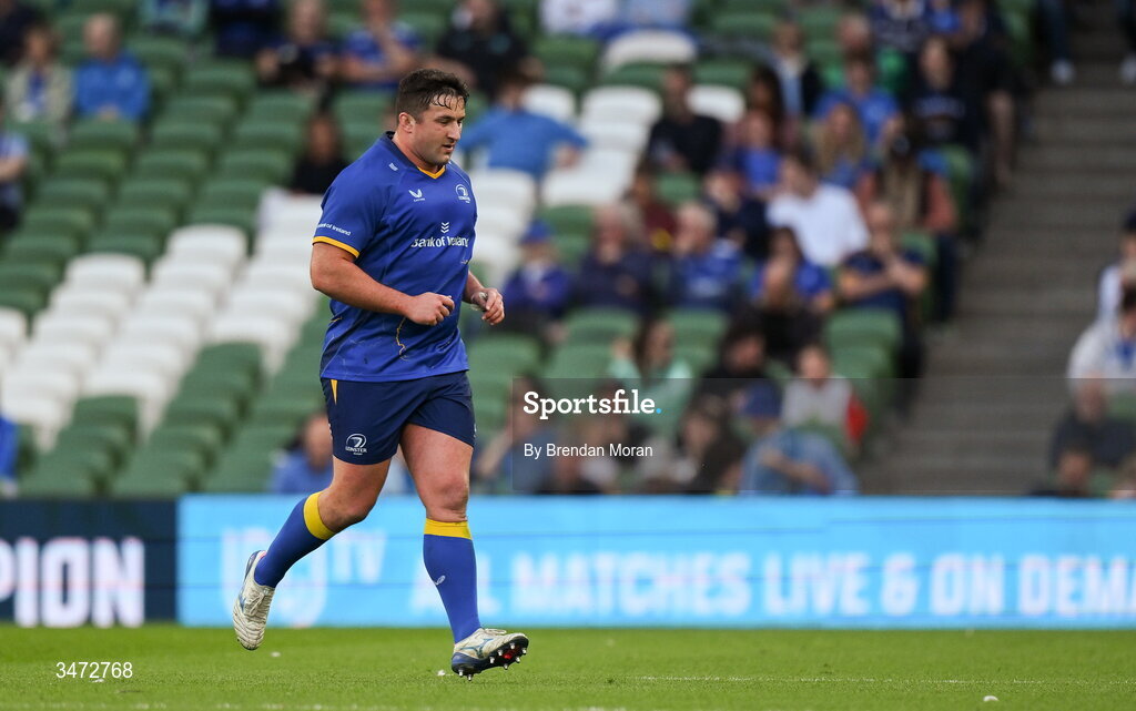 30 May 2026; Thomas Clarkson of Leinster leaves the pitch after being shown a yellow card during the United Rugby Championship quarter-final match between Leinster and Lions at the Aviva Stadium in Dublin. Photo by Brendan Moran/Sportsfile