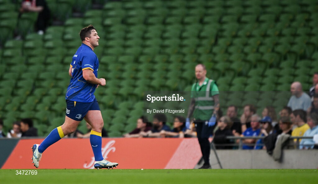 30 May 2026; Thomas Clarkson of Leinster leaves the pitch after being shown a yellow card during the United Rugby Championship quarter-final match between Leinster and Lions at the Aviva Stadium in Dublin. Photo by David Fitzgerald/Sportsfile