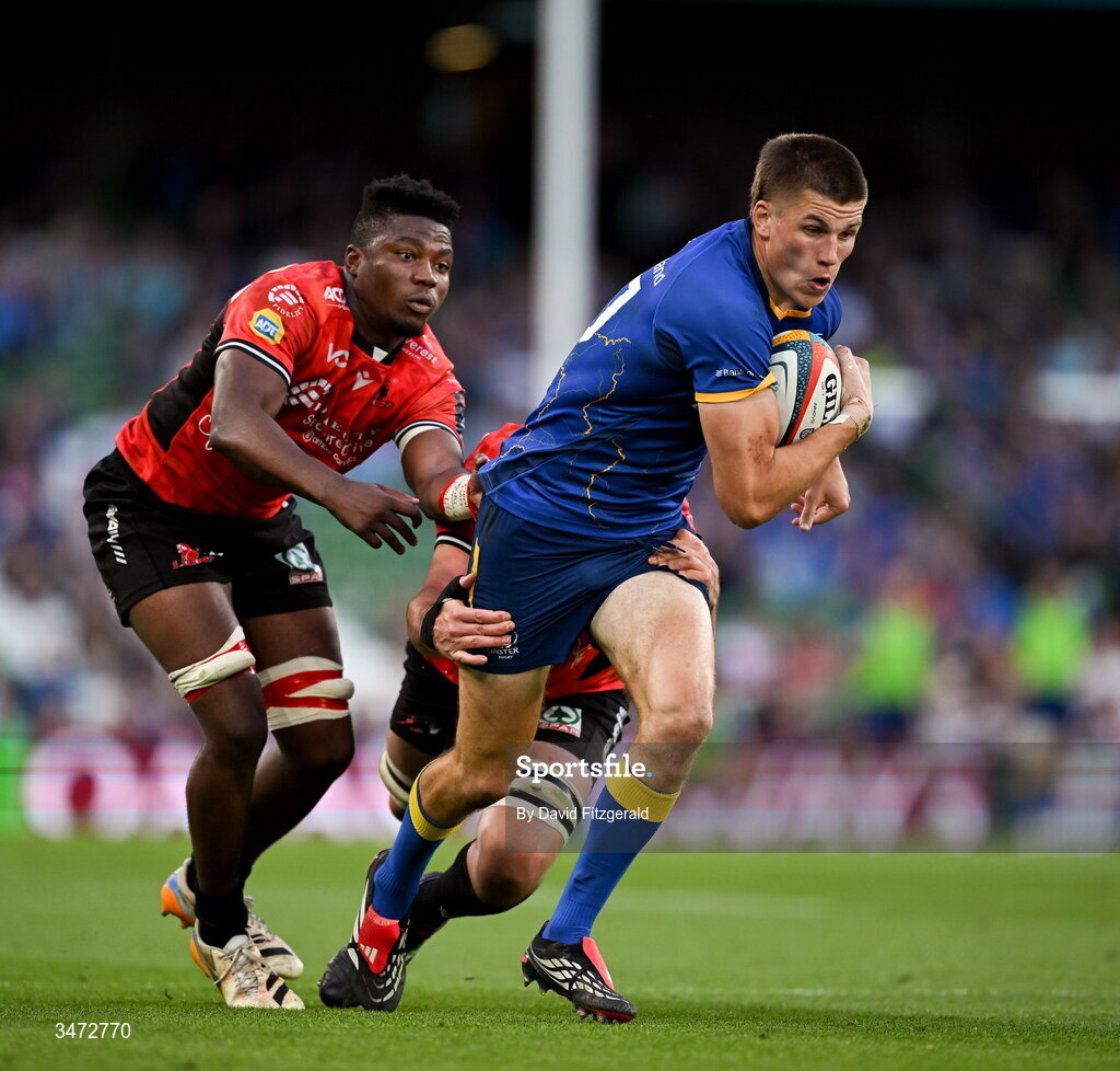 30 May 2026; Sam Prendergast of Leinster is tackled by Reinhard Nothnagel of Lions during the United Rugby Championship quarter-final match between Leinster and Lions at the Aviva Stadium in Dublin. Photo by David Fitzgerald/Sportsfile