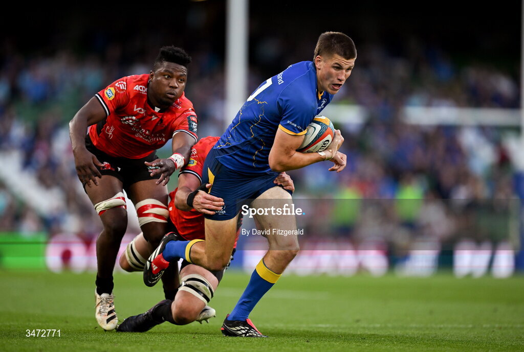 30 May 2026; Sam Prendergast of Leinster is tackled by Reinhard Nothnagel of Lions during the United Rugby Championship quarter-final match between Leinster and Lions at the Aviva Stadium in Dublin. Photo by David Fitzgerald/Sportsfile