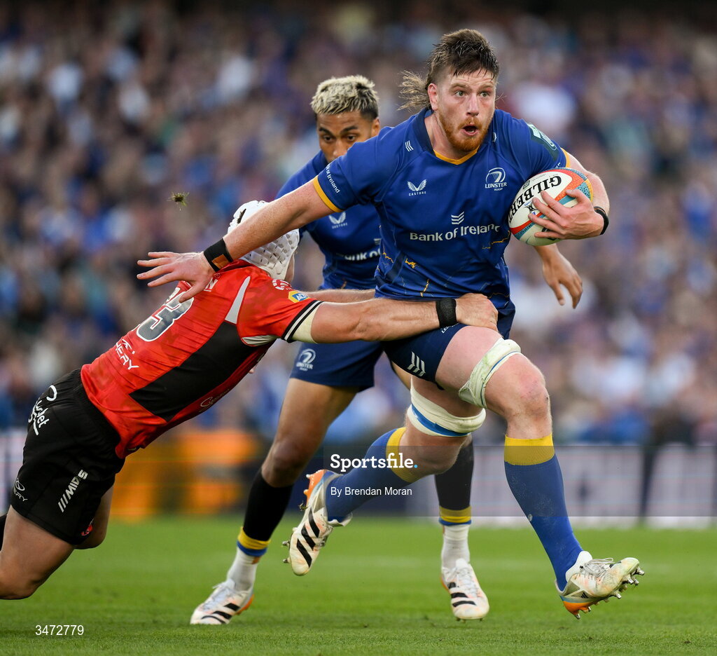 30 May 2026; Joe McCarthy of Leinster is tackled by Henco van Wyk of Lions during the United Rugby Championship quarter-final match between Leinster and Lions at the Aviva Stadium in Dublin. Photo by Brendan Moran/Sportsfile