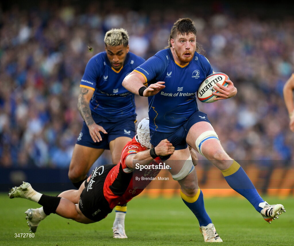 30 May 2026; Joe McCarthy of Leinster is tackled by Henco van Wyk of Lions during the United Rugby Championship quarter-final match between Leinster and Lions at the Aviva Stadium in Dublin. Photo by Brendan Moran/Sportsfile