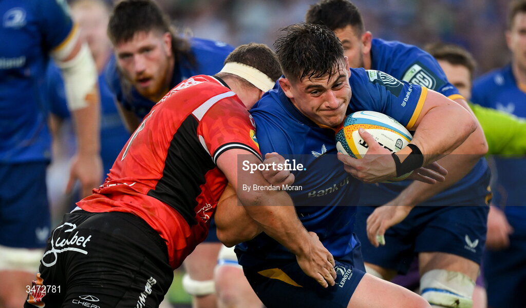30 May 2026; Dan Sheehan of Leinster is tackled by SJ Kotze of Lions during the United Rugby Championship quarter-final match between Leinster and Lions at the Aviva Stadium in Dublin. Photo by Brendan Moran/Sportsfile