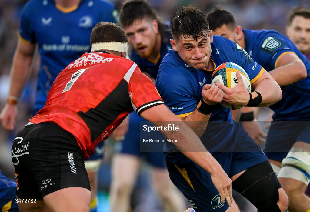 30 May 2026; Dan Sheehan of Leinster is tackled by SJ Kotze of Lions during the United Rugby Championship quarter-final match between Leinster and Lions at the Aviva Stadium in Dublin. Photo by Brendan Moran/Sportsfile