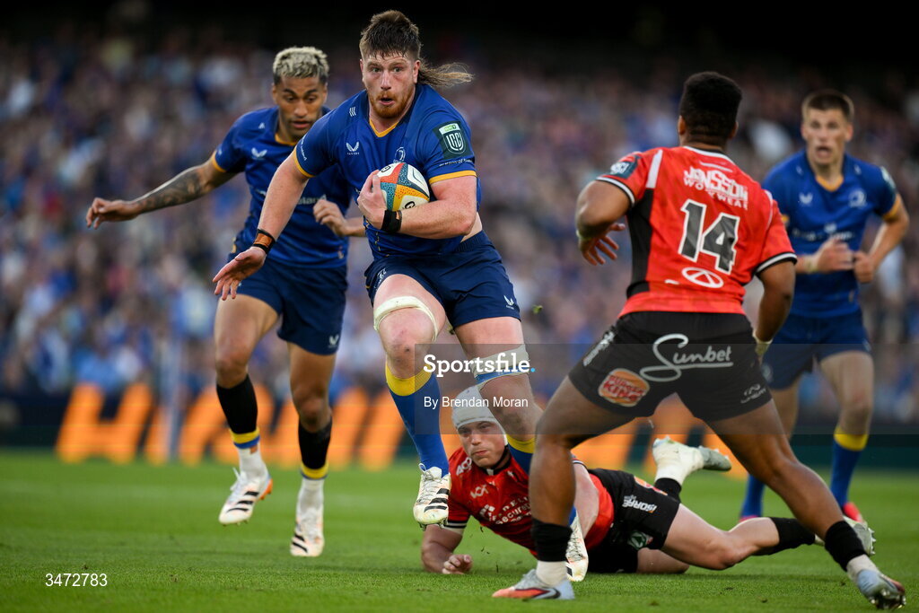 30 May 2026; Joe McCarthy of Leinster evades the tackle of Henco van Wyk of Lions during the United Rugby Championship quarter-final match between Leinster and Lions at the Aviva Stadium in Dublin. Photo by Brendan Moran/Sportsfile
