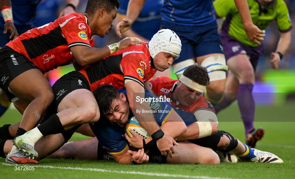 30 May 2026; Dan Sheehan of Leinster is stopped short of the try line during the United Rugby Championship quarter-final match between Leinster and Lions at the Aviva Stadium in Dublin. Photo by Brendan Moran/Sportsfile