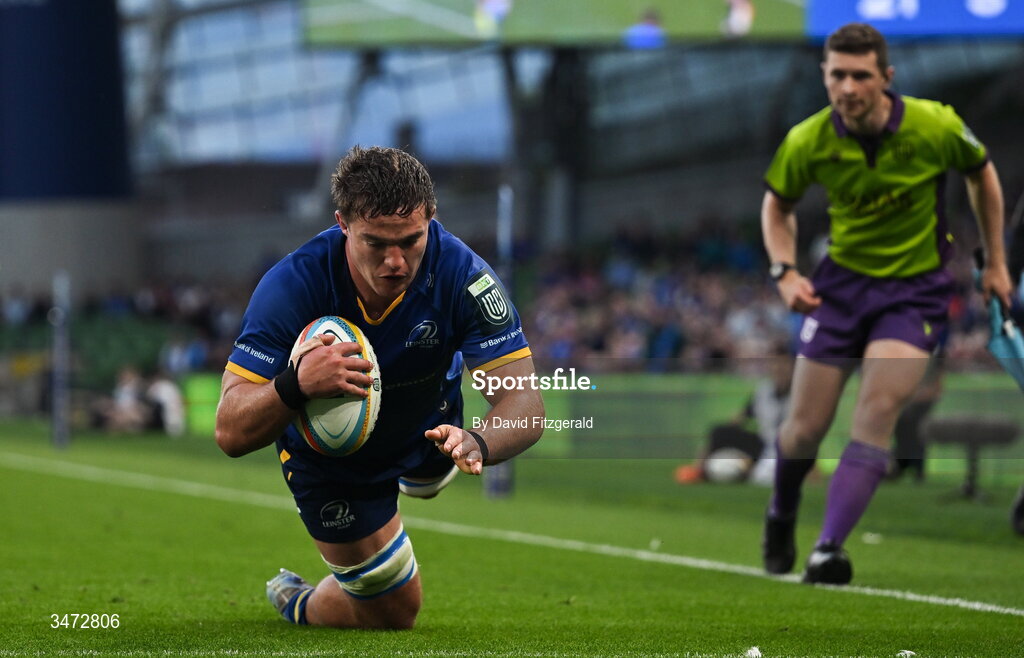 30 May 2026; Scott Penny of Leinster dives over to score his side's fourth try during the United Rugby Championship quarter-final match between Leinster and Lions at the Aviva Stadium in Dublin. Photo by David Fitzgerald/Sportsfile