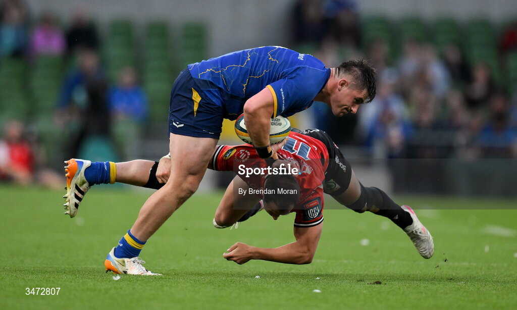 30 May 2026; Dan Sheehan of Leinster is tackled by Erich Cronje of Lions during the United Rugby Championship quarter-final match between Leinster and Lions at the Aviva Stadium in Dublin. Photo by Brendan Moran/Sportsfile