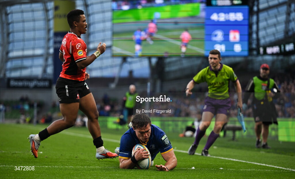 30 May 2026; Scott Penny of Leinster dives over to score his side's fourth try during the United Rugby Championship quarter-final match between Leinster and Lions at the Aviva Stadium in Dublin. Photo by David Fitzgerald/Sportsfile