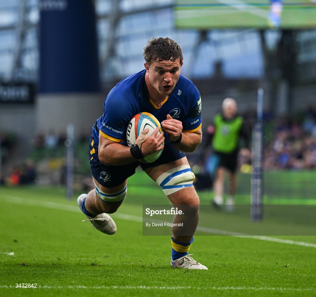 30 May 2026; Scott Penny of Leinster dives over to score his side's fourth try during the United Rugby Championship quarter-final match between Leinster and Lions at the Aviva Stadium in Dublin. Photo by David Fitzgerald/Sportsfile