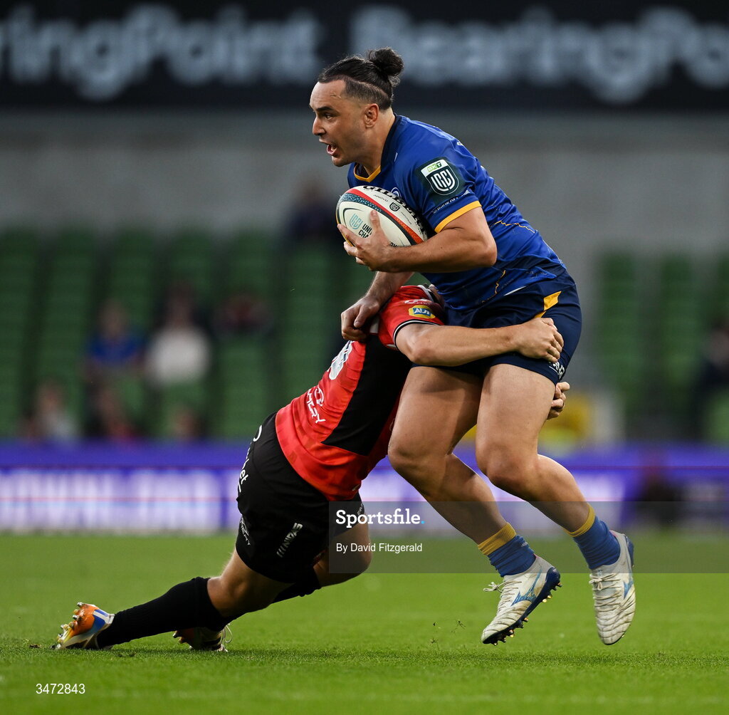 30 May 2026; James Lowe of Leinster is tackled by Richard Kriel of Lions during the United Rugby Championship quarter-final match between Leinster and Lions at the Aviva Stadium in Dublin. Photo by David Fitzgerald/Sportsfile
