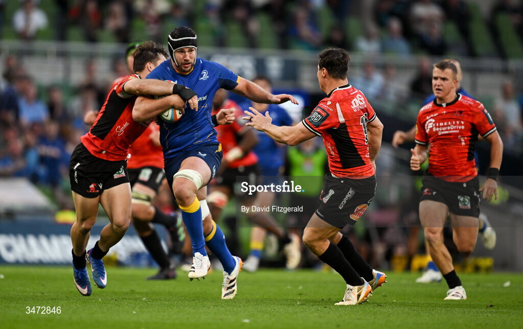 30 May 2026; Caelan Doris of Leinster is tackled by Quan Horn of Lions during the United Rugby Championship quarter-final match between Leinster and Lions at the Aviva Stadium in Dublin. Photo by David Fitzgerald/Sportsfile